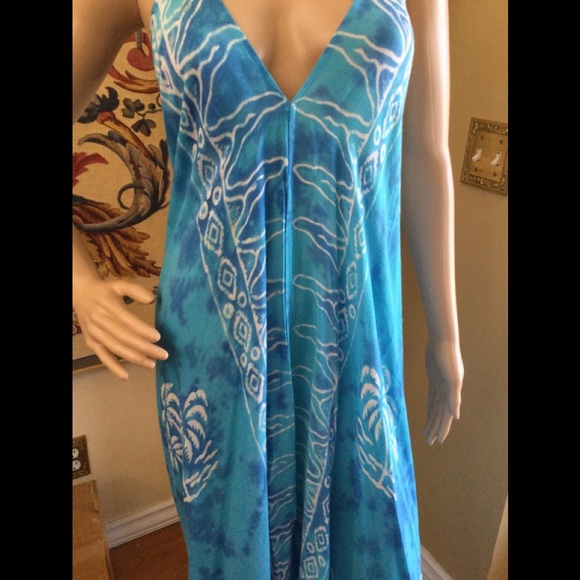 Bohemian Tie Dye Maxi Dress, Halter Backless, Asymmetrical Swim Cover Up Turq OS - Picture 10 of 16
